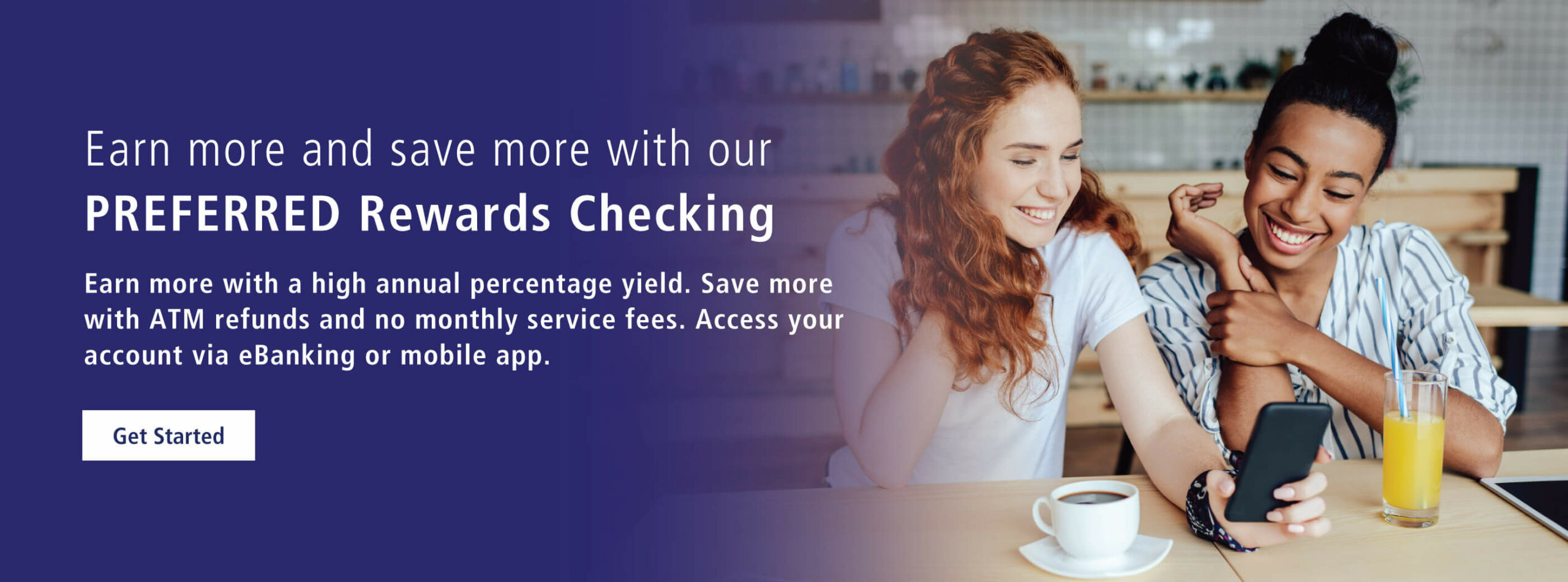 Two friends looking at their phone with text, "Earn More and save more with Rewards Checking"